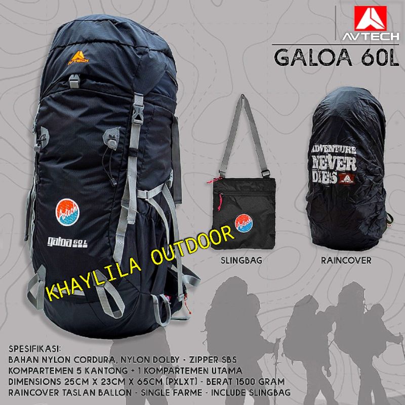 TAS RANSEL GUNUNG CARRIER AVTECH GALOA 60 LITER + TAS SLEMPANG TAS PENDAKI GUNUNG OUTDOOR CAMPING