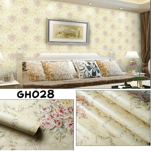 Wallpaper Dinding Stiker Motif Shaby Bunga Cream ukuran 45 cm x 10 m