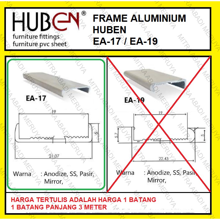 Profil Frame Handle Alumunium Aluminium HUBEN EA 17 EA17 EA-17