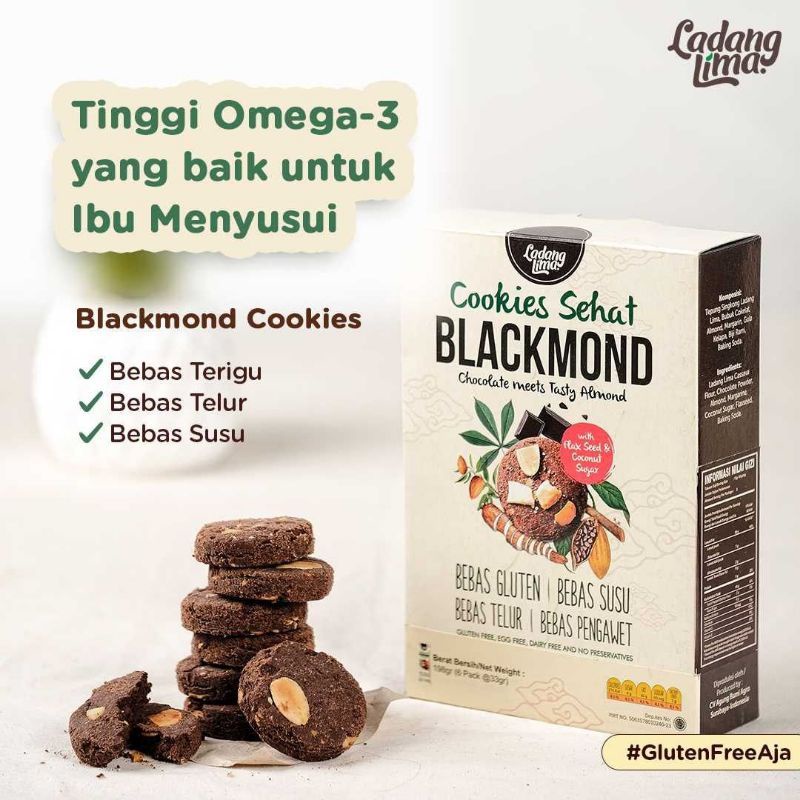 

Ladang Lima Blackmond Sachet -Cemilan Sehat Blackmond Cookies Sachet (3cookies/sachet) @6sachet/box- Blackmond Roll @100gram/box- Cemilan Snack Sehat