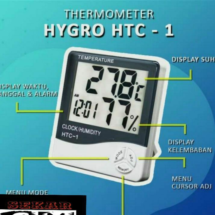 Thermometer Hygrometer Ruangan dengan Mengukur kelembapan dan Suhu time clock alarm HTC 1