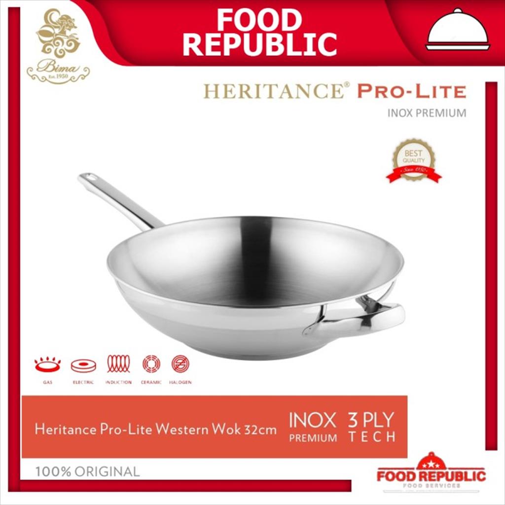 WAJAN BIMA 32CM HERITANCE PRO LITE WOK LONG SIDE HANDLE BP121432B INO