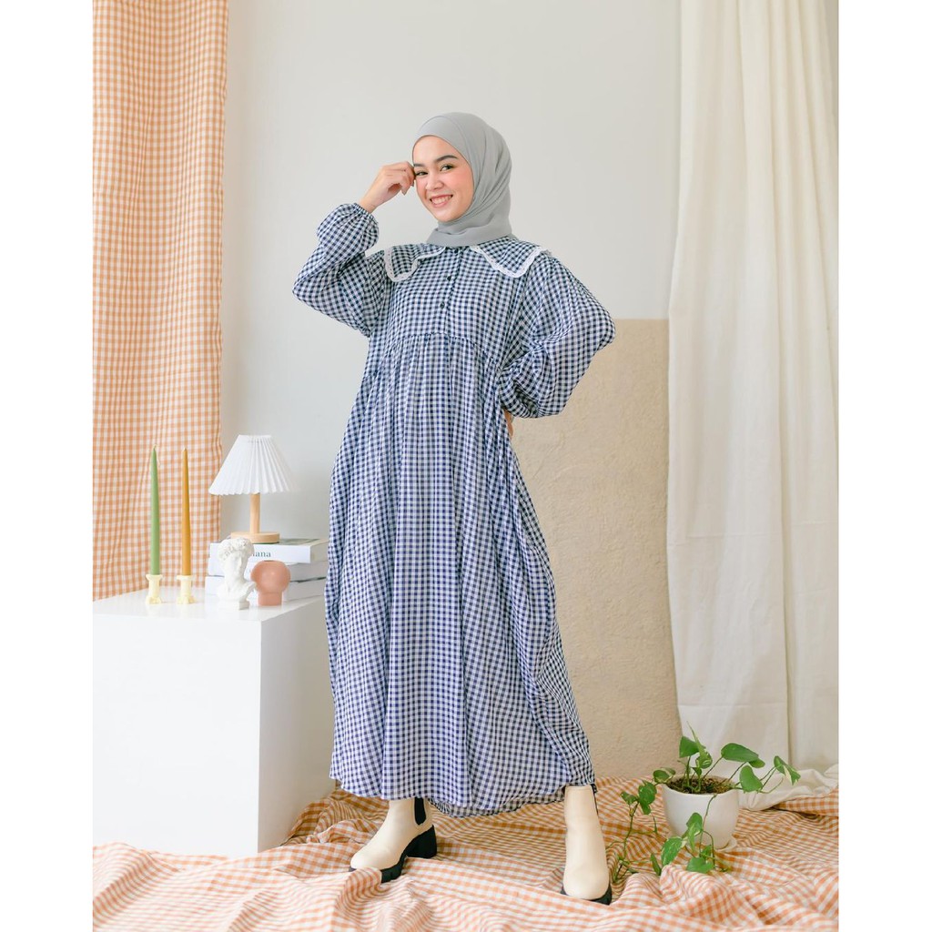 Sabine Dress Gingham Navy By Haidee Orlin