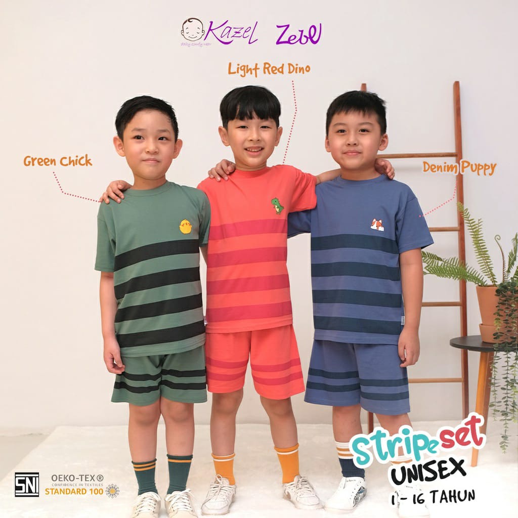 Kazel × Zebe Setelan Pendek Strip Set Unisex - Setelan Anak Per 1 &amp; 2 Pcs ( ZB-SPDSS )