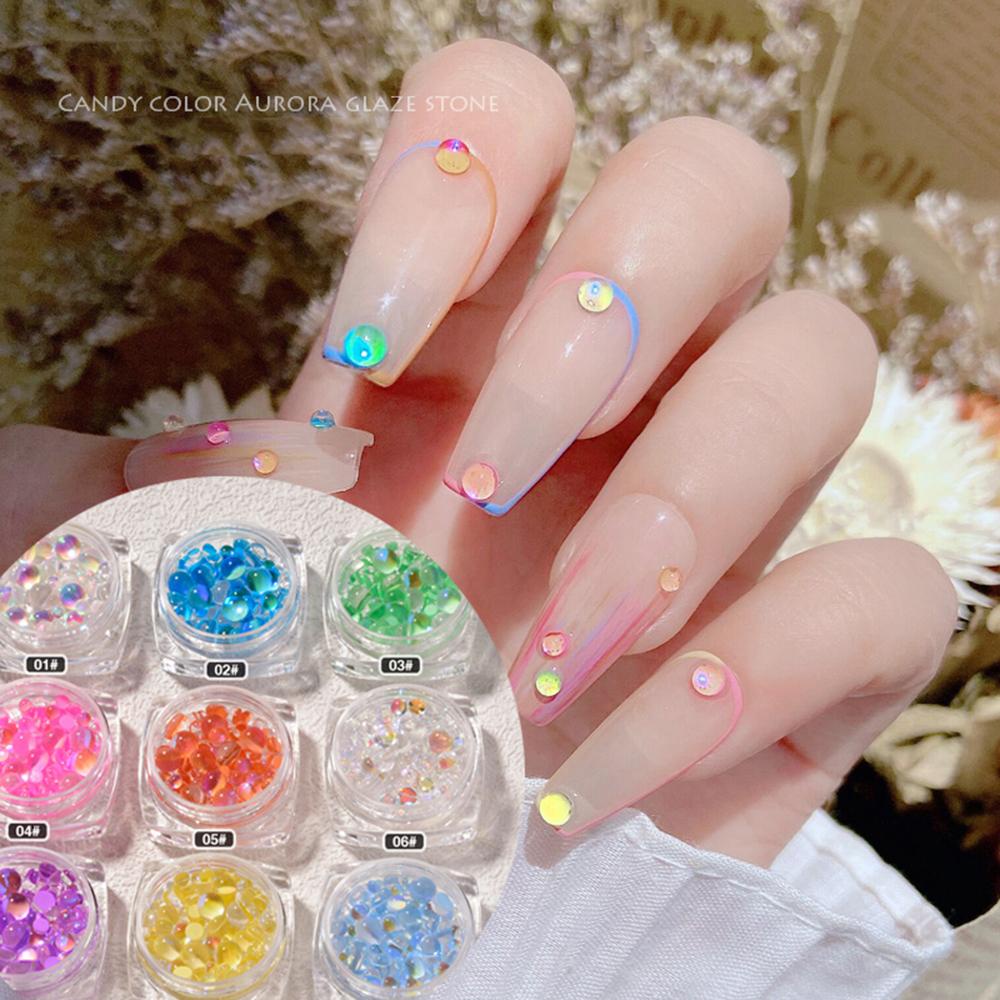 Chookyy 1kotak Kuku Rhinestones Nail Aksesoris Perlengkapan Warna Permen Wanita DIY Manicures Mermaid Dekorasi Kaca Bulat