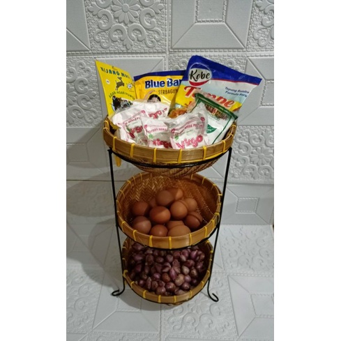 (PROMO) Rak Bumbu Susun 3 JUMBO/Rak Bawang Plus Besek / Rak Kecap / Rak Bumbu Besek / Rak Bumbu Rotan