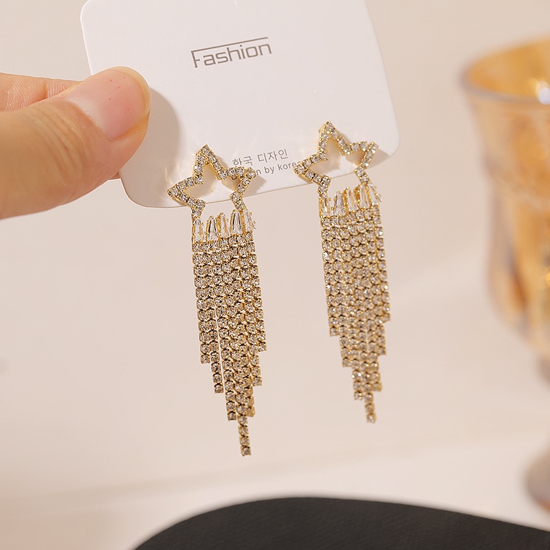 S925 Korea trendi cahaya mewah zirkon pentagram rumbai panjang anting-anting elegan Korea fashion ga