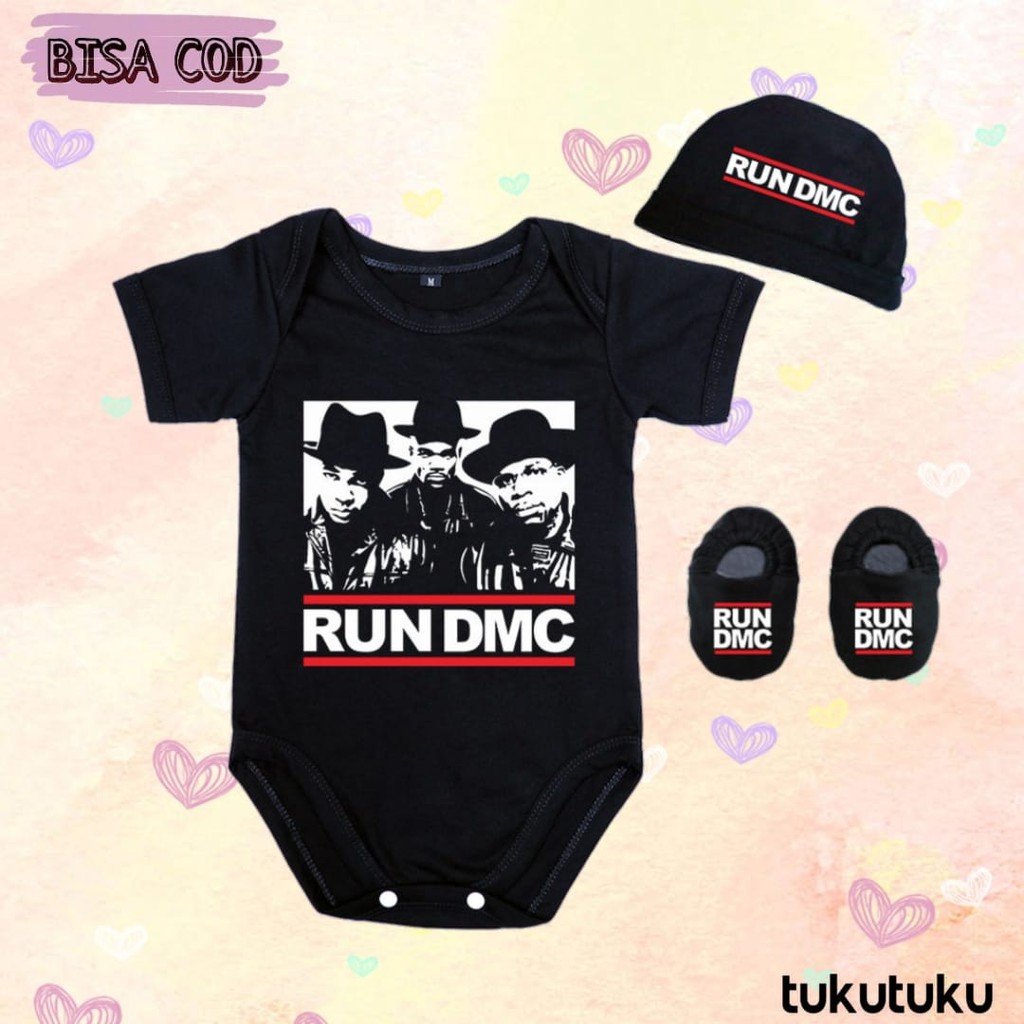 Set 3 in 1 Jumper Bayi Band Topi Kupluk dan Sepatu Newborn Jumpsuit Lucu Group Hip Hop Run Dmc