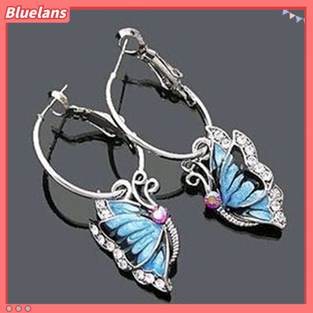 Bluelans Women 1Pair Blue Crystal Rhinestone Enamel Butterfly Dangle Hoop Earrings Earbob