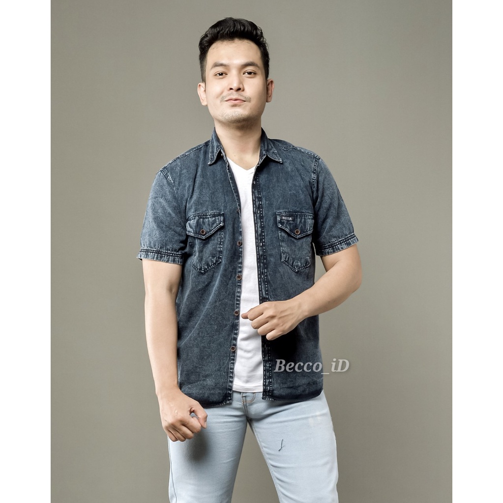 Kemeja Jeans Snow Pendek Original Basic Pria l Kemeja Polos  l Kemeja Kantoran Termurah