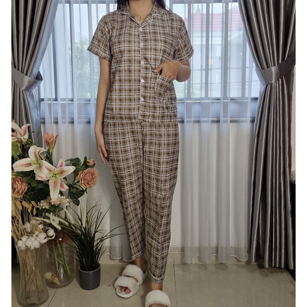 VIBELLECP - CP Vibelle shop grosir baju tidur piyama karakter fashion murah wanita-CP KOTAK COKLATMUDA