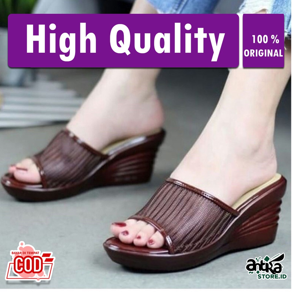 Sandal Wanita Wedges Flat Cewek Sendal Slop Jepit Kepang 5 cm Sepatu Murah Original Branded Import S