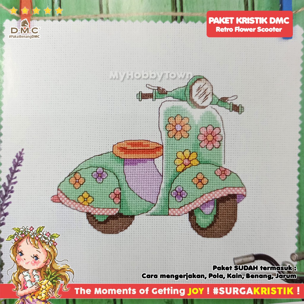 Paket DIY Craft Sulam Kristik Strimin TUVA Retro - Floral Moped Vespa Vintage Scooter