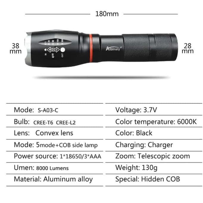 (COD) Senter LED Cree XM-L T6 8000 Lumens Charger Box E17 COB / Senter COB / paket lengkap