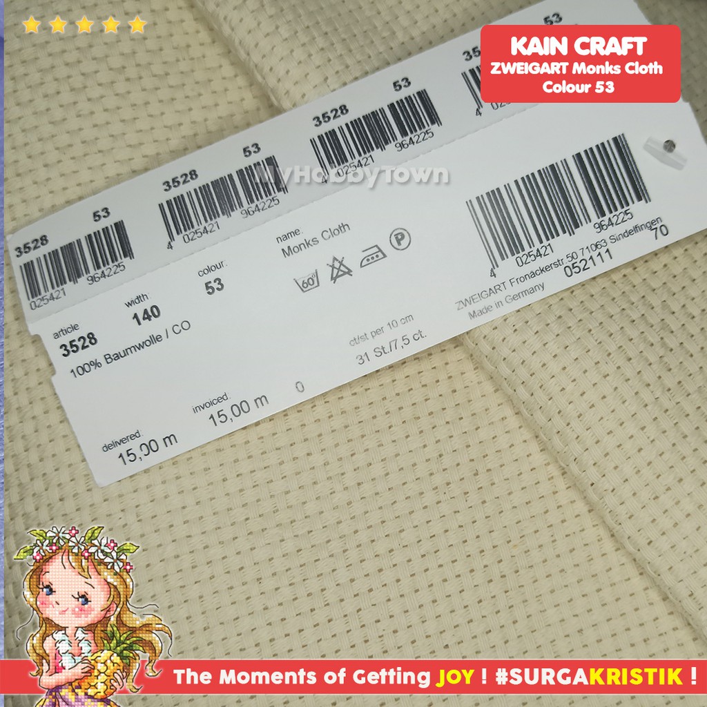 Kain Sulam Kristik Punch Needle Monks Cloth 7ct Zweigart ZW3528 - 53 Cream