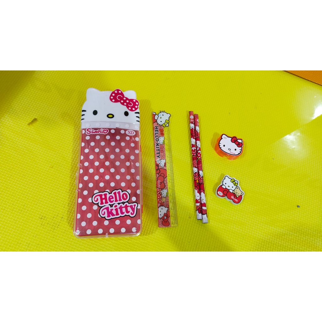 Kotak pensil hello kitty plastik 6 in 1 | Free alat tulis | Kotak Pensil kaleng besi ular tangga