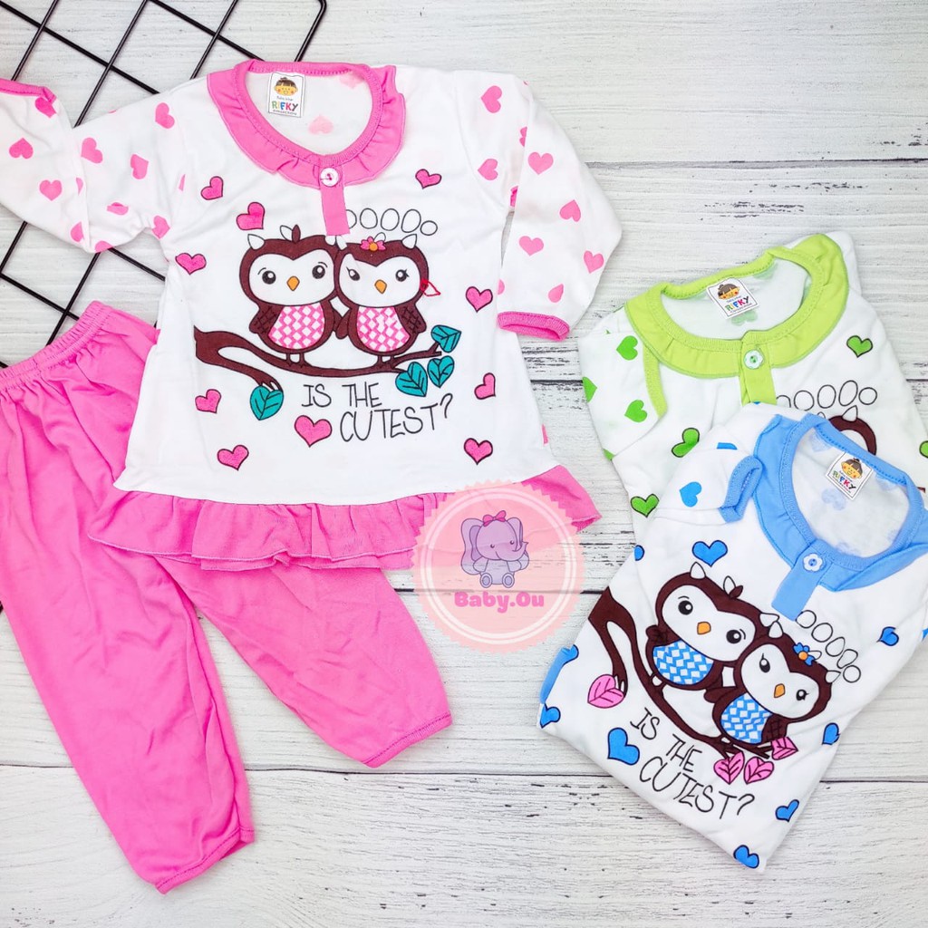 Setelan Bayi Panjang Motif OWL / Setelan Piyama Bayi Perempuan / Baju Bayi Panjang Merk Rifky