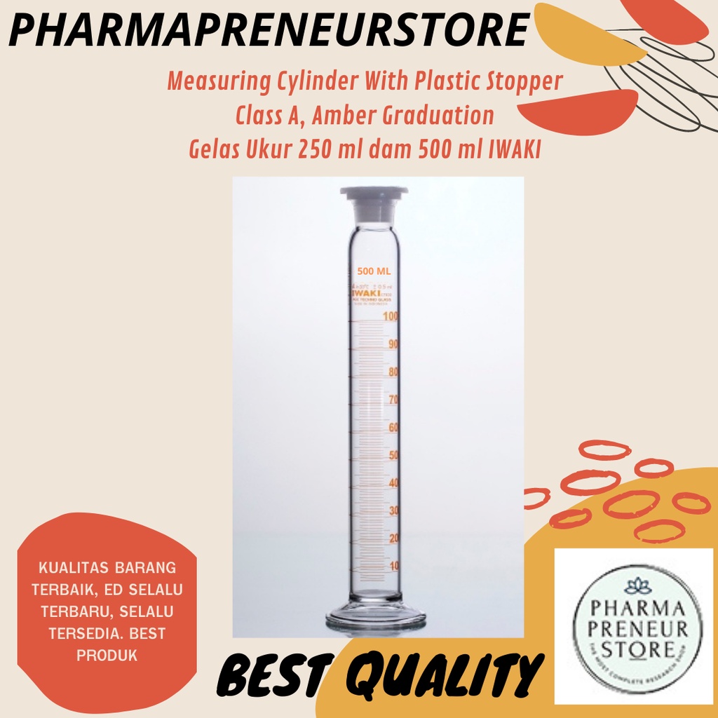 GELAS UKUR DENGAN SUMBAT PLASTIK / MEASURING CYLINDER WITH PLASTIC STOPPER CLASS A, AMBER GRADUATION 250 ML DAN 500 ML IWAKI BEST PRODUCT BEST QUALITY