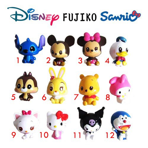 JUAL ECER / SATUAN ACTION FIGURE SANRIO DISNEY FUJIKO POOH MICKEY MINNIE DONALD HELLO KITTY DORAEMON