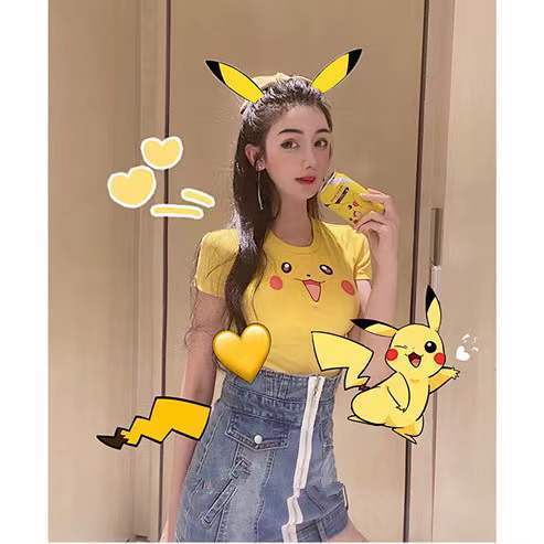 pro Pikachu payudara manis dan pedas T-shirt lengan pendek wanita net merah ins gadis kartun pusar p