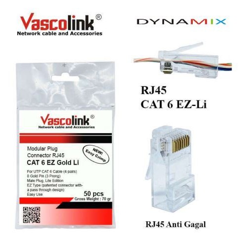 Konektor Vascolink RJ45 UTP Cat.6 Gold EZ LITE - Anti Gagal Cat6 | Connector RJ 45