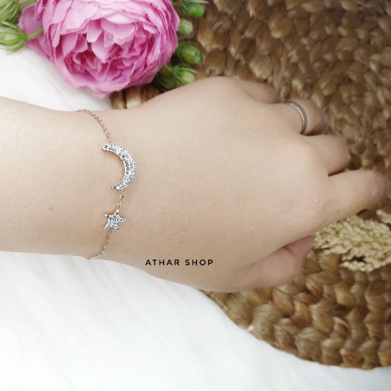 athar shop|| gelang titanium wanita anti karat smile bulan bintang love hati rantai sisik ular