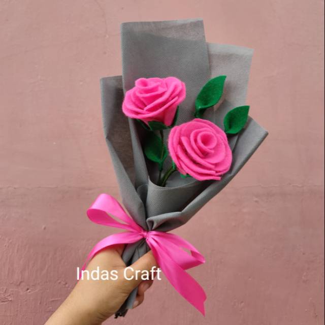 Buket Bunga Flanel Mawar Pink 2 Tangkai