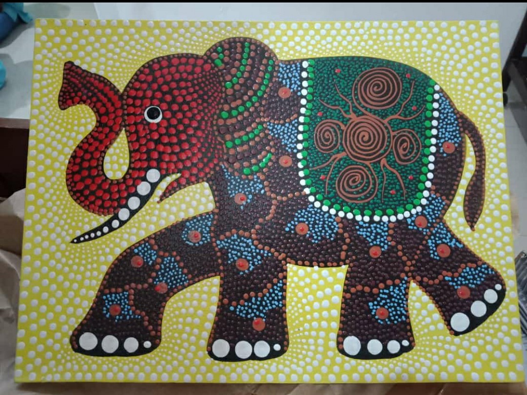 Lukisan Gajah Aborigin, Ukuran 30 X 40 Cm, 100% Buatan Tangan