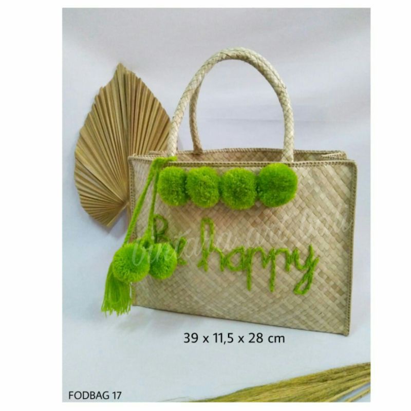 tas wanita tas pom pom tas anyaman pandan pom pom tas belanja tas cantik handmade bali