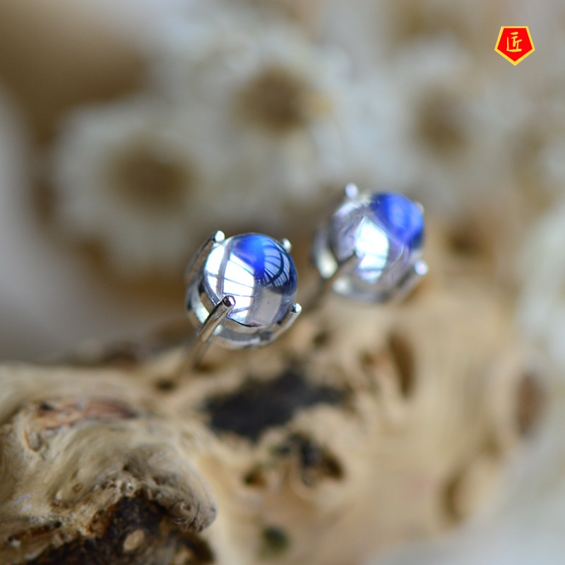 [Ready Stock]Blue Moonstone Stud Earrings S925 Silver Simple Temperament