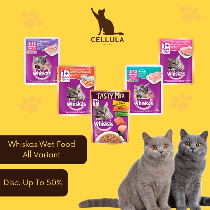 WHISKAS WET FOOD KUCING JUNIOR DEWASA TASTY MIX SALMON TUNA CHICKEN MACKEREL MAKANAN BASAH PERSIA RAGDOLL HIMALAYA BRITISH SHORT HAIR MAKANAN KUCING VITAMIN KUCING OBAT KUCING CAT FOOD DRY FOOD