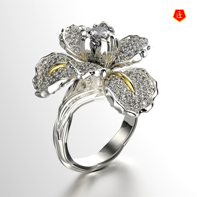 [Ready Stock]Micro-Inlaid Diamond Two-Tone Floral Ring Fashionable and Elegant