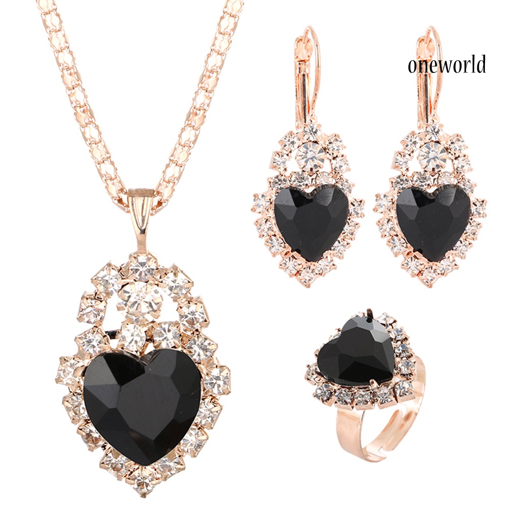 OW@ Wedding Heart Pendant Rhinestone Inlay Necklace Earrings Ring Bridal Jewelry Set