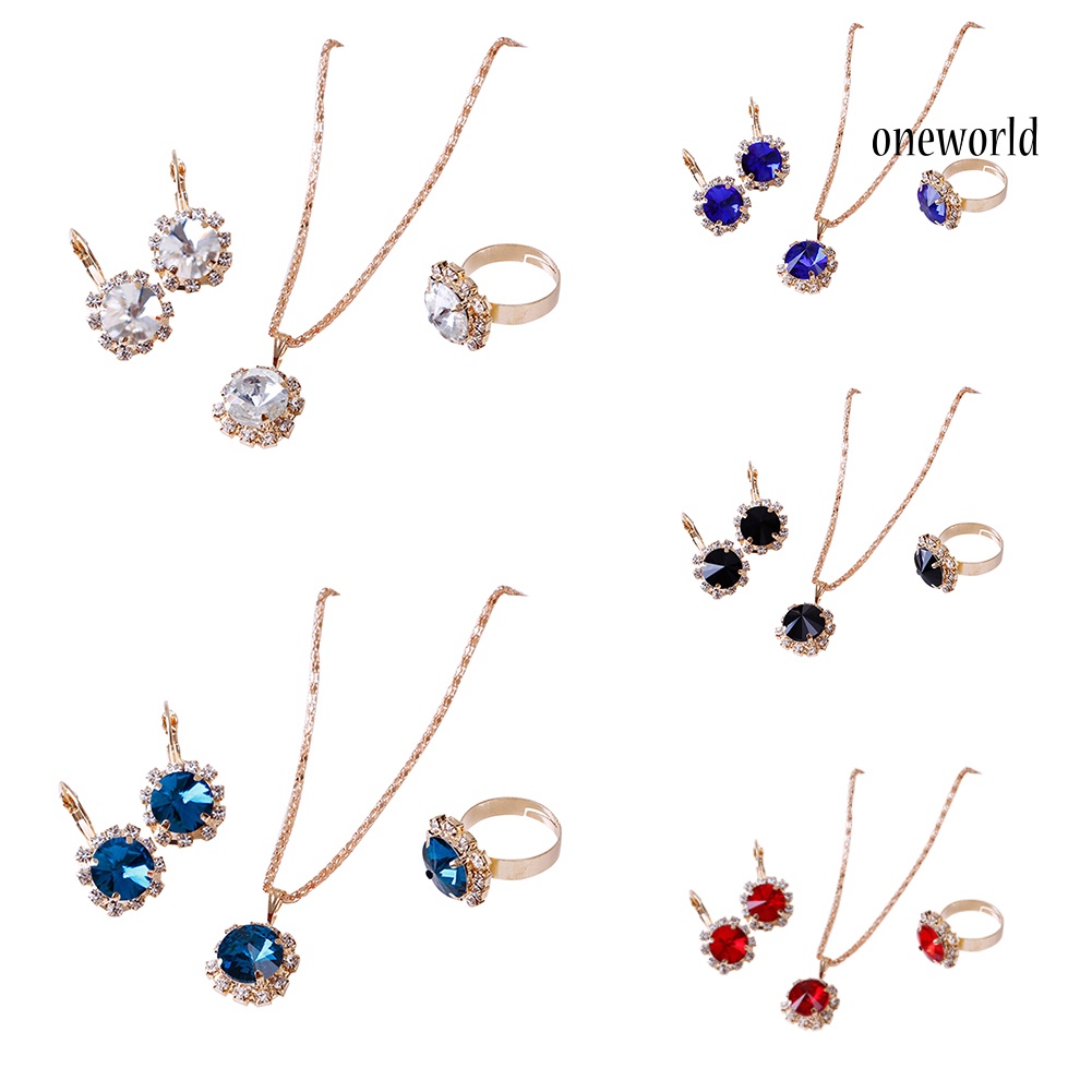 OW@ Fashion Women Circle Rhinestone Necklace Earrings Ring Pendants Jewelry Set