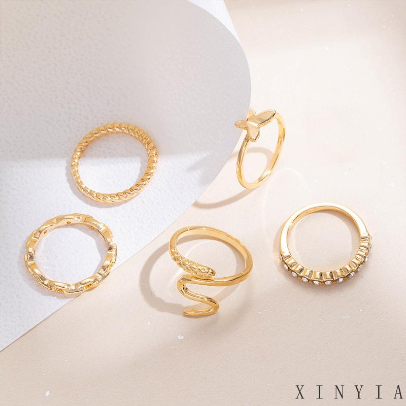 【Bayar di tempat】CIncin Fashion Wanita 5in1 Butterfly / Cincin KUpu kupu 5 pcs / Cincin TUmpuk Wanita Fashionable