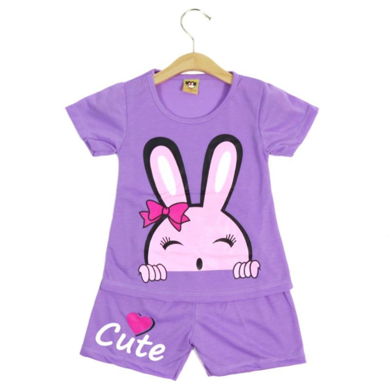 SETELAN FASHION ANAK CELANA PENDEK MOTIF CUTE BUNNY BAHAN KAOS GAMBAR SABLON 2-6 TAHUN