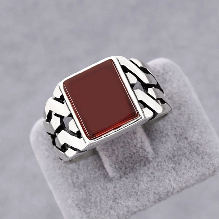 Cincin Baja Titanium Perak Antik Batu Akik Merah Perhiasan Fashion Pria Punk Pertunangan Pernikahan Rings