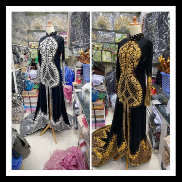 Kebaya Bludru Ekor Panjang Pengantin Wanita Payet Mutiara Cantik Elegan