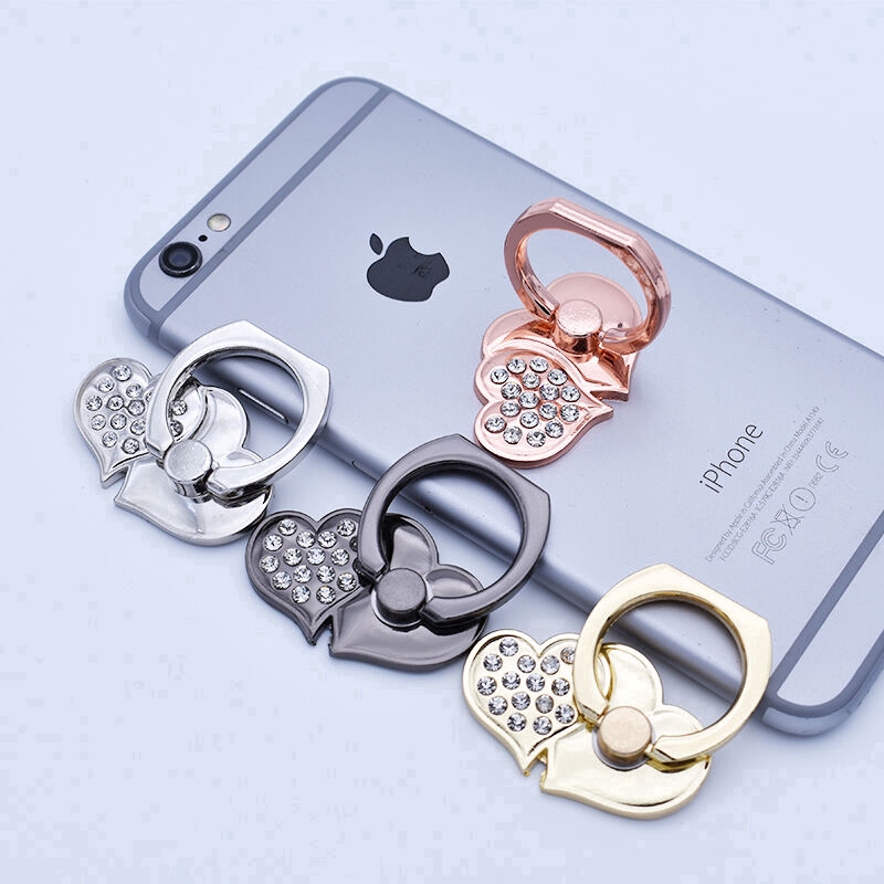 Heart-shaped Diamond Double Love Metal Ring Buckle with Diamond Back Stick Phone Stand