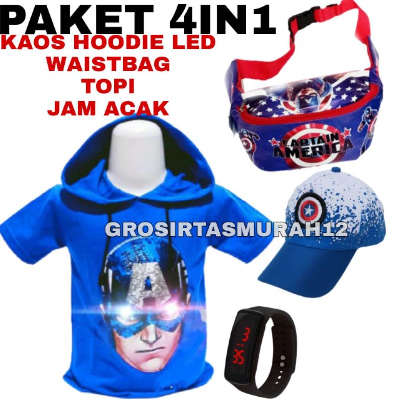 Baju anak led hoodie karakter  gratis tas selempang jam topi bordir