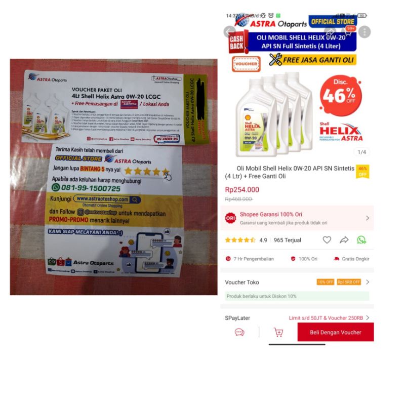 Oli Mobil Shell Helix Astra 0W-20 LCGC 1200cc (4 Liter)