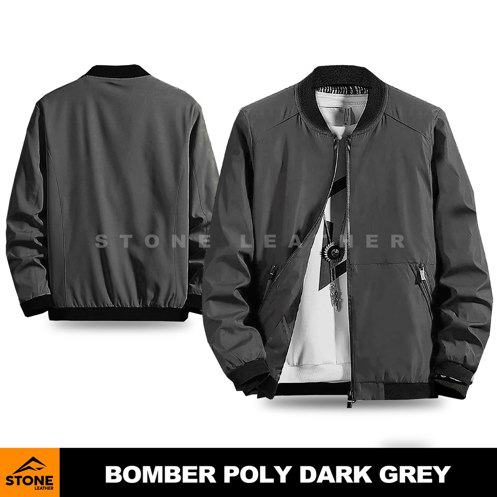 Jaket Bomber Pria terbaru Bomber Poly Srone Leather/Jaket Parasut/Jaket Pria Dark Grey
