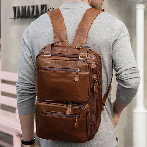 Tas Laptop 14 inch Bos Office Punggung Backpack Ransel Selempang Pria Cowok Laki Kulit Asli Import