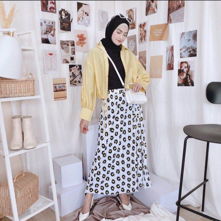 ROK PLISKET DAILY FLOWERS PREMIUM // ROK PLISKET PREMIUM MOTIF BUNGA // BAHAN HYGET PREMIUM-putih motip daisy