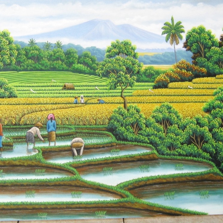 Lukisan pemandangan alam panen padi dengan terasering yang realistik