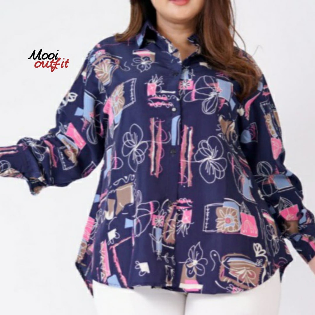 Kemeja Wanita Jumbo Ld 120 Kekinian Lengan Panjang Motif Abstrak Casual 3xl Murah