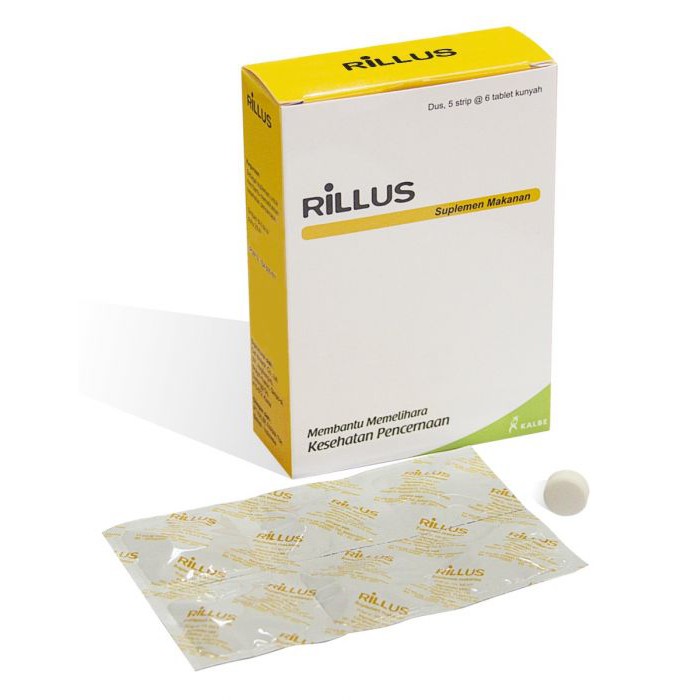 Rillus kemasan strip isi 6 tablet kunyah rasa vanilla (probiotik untuk kesehatan pencernaan)