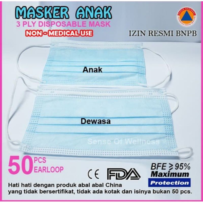 Masker Anak 3ply Earloop Disposable Surgical Mask - Masker Bedah Medis Anak