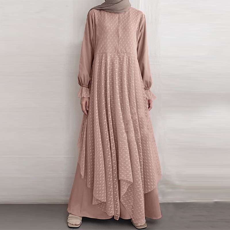 ZANZEA Women Casual Fashion Long Sleeve Lace Patchwork O-Neck Loose Muslim Maxi Dress