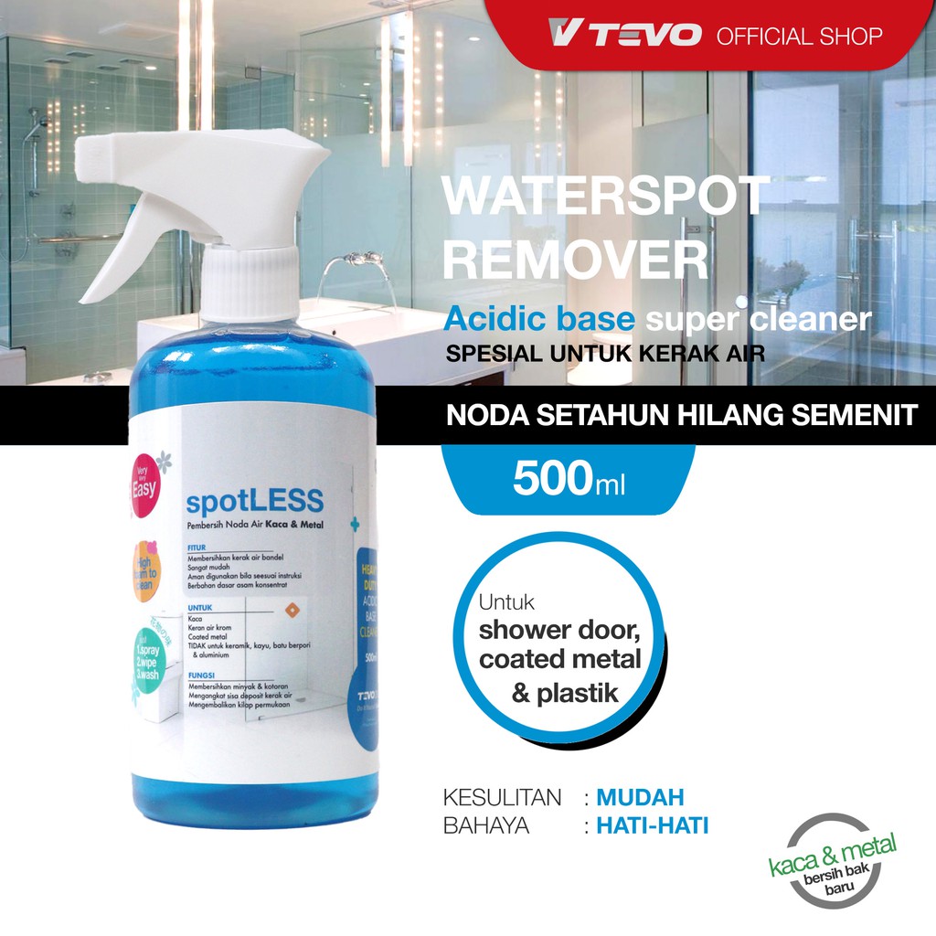 TEVO spotLESS Pembersih Water Stain Kerak Jamur Air Bandel Remover Aman Chrome Metal, Kaca, Shower kerak kaca heavy duty paling kuat konsentrat viral asam acidity acid kuat powerful cepat instan kuas semprot mudah langsung ajaib bersih mobil jepang aman